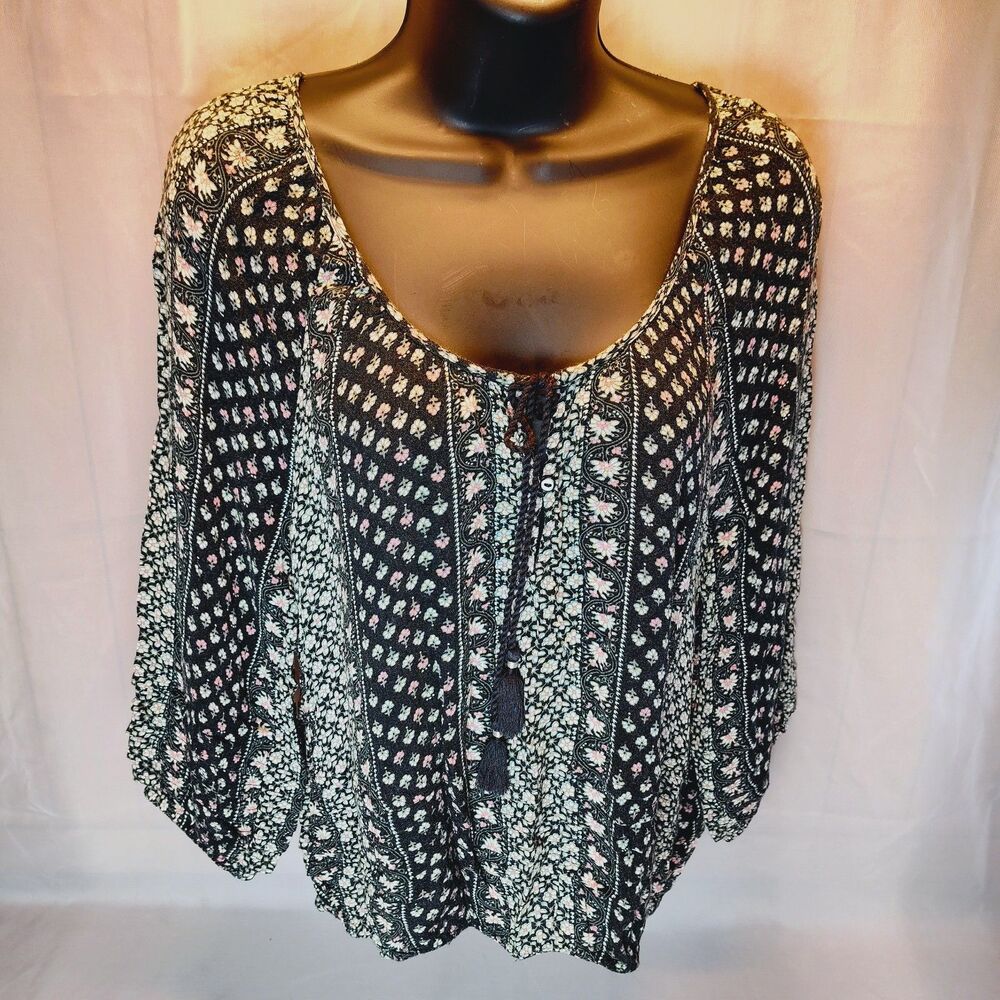 American Eagle Outfitters Floral Peasant Blouse Womens XS Boho Tassel 3/4 Sleeve